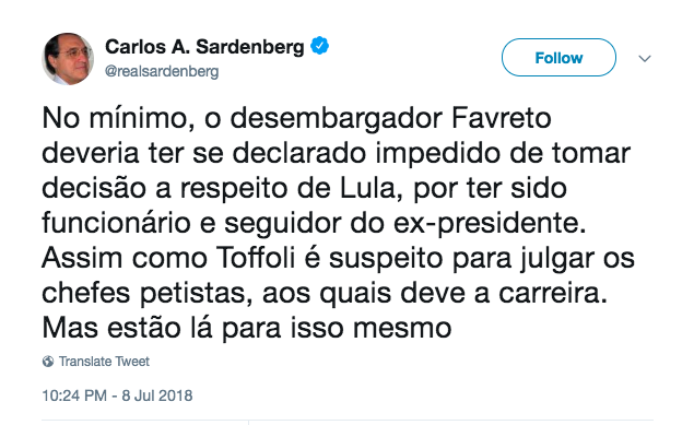 Em 7 linhas, Sardenberg expôs a farsa das normas da Globo para uso das redes por seus jornalistas