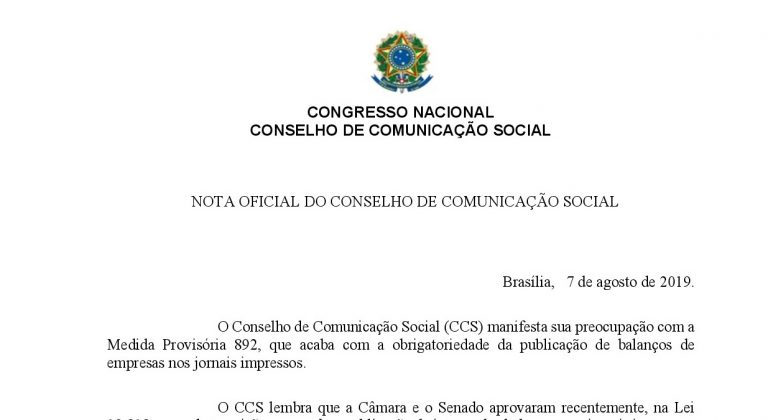 Nota oficial do Conselho de Comunicação Social sobre a MP 892