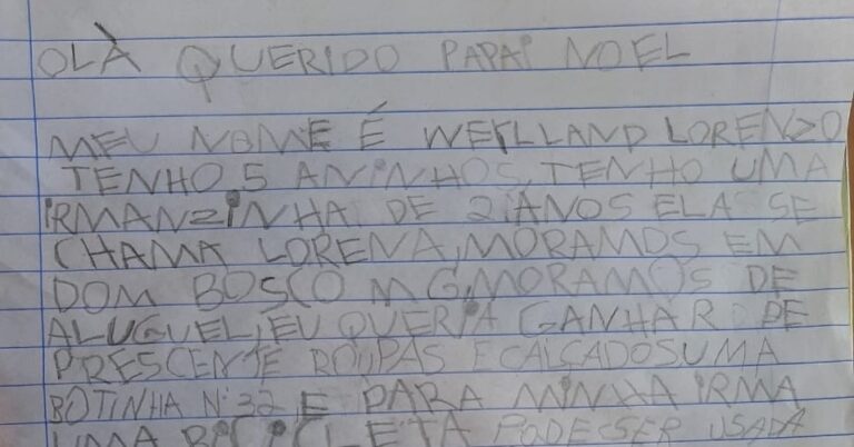 Menino de cinco anos do interior de Minas pede roupas e bicicleta usada em cartinha ao Papai Noel