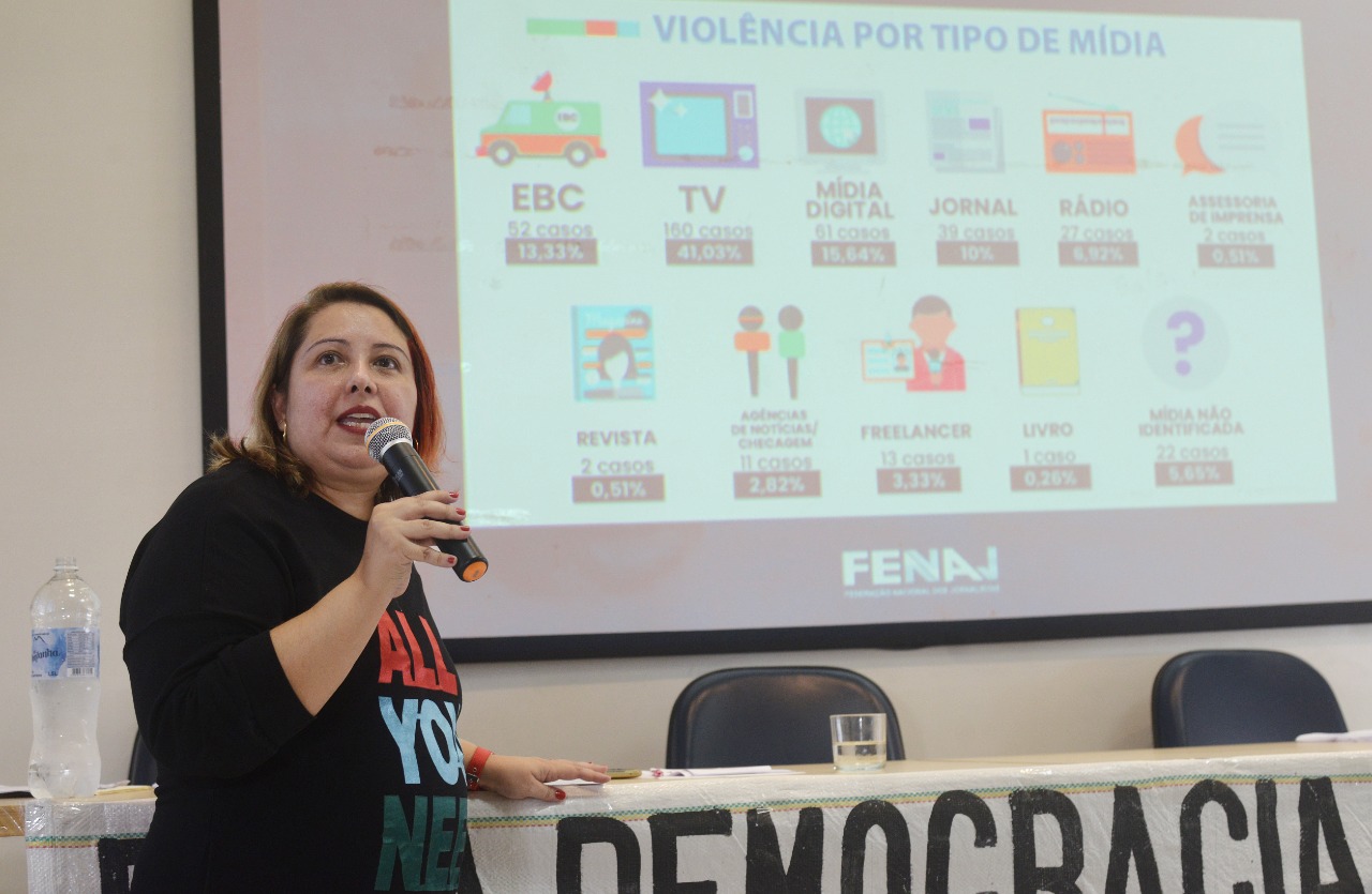 relatorio violencia contra jornalistas -lancamento - foto fenaj A presidenta da FENAJ, Samira de Castro, apresentou os números do Relatório da FENAJ em evento realizado no Sindicato dos Jornalistas do Município do Rio. Fotos: Nando Neves