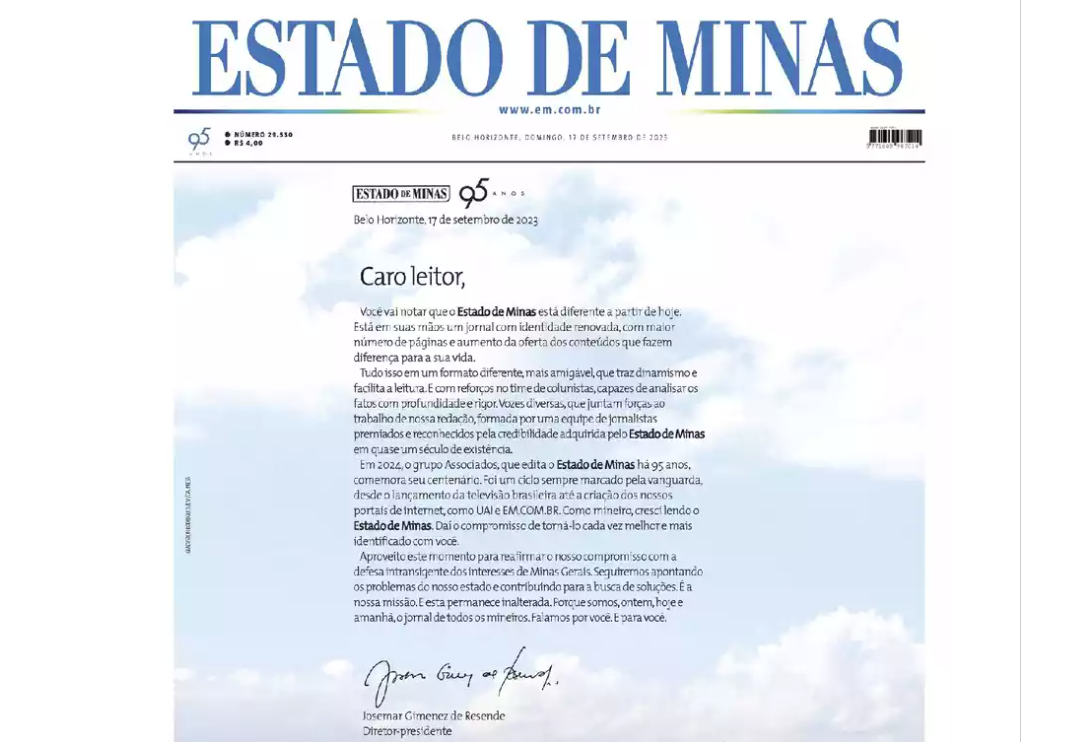 image reprodução da capa do jornal Estado de Minas, edição de 17 de setembro, anunciando o novo projeto editorial - reprodução da internet