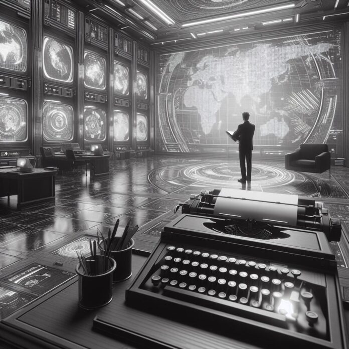 ilustracao: cenário futurista em contraste com destaque de uma máquina de escrever manual - imagem gerada por IA