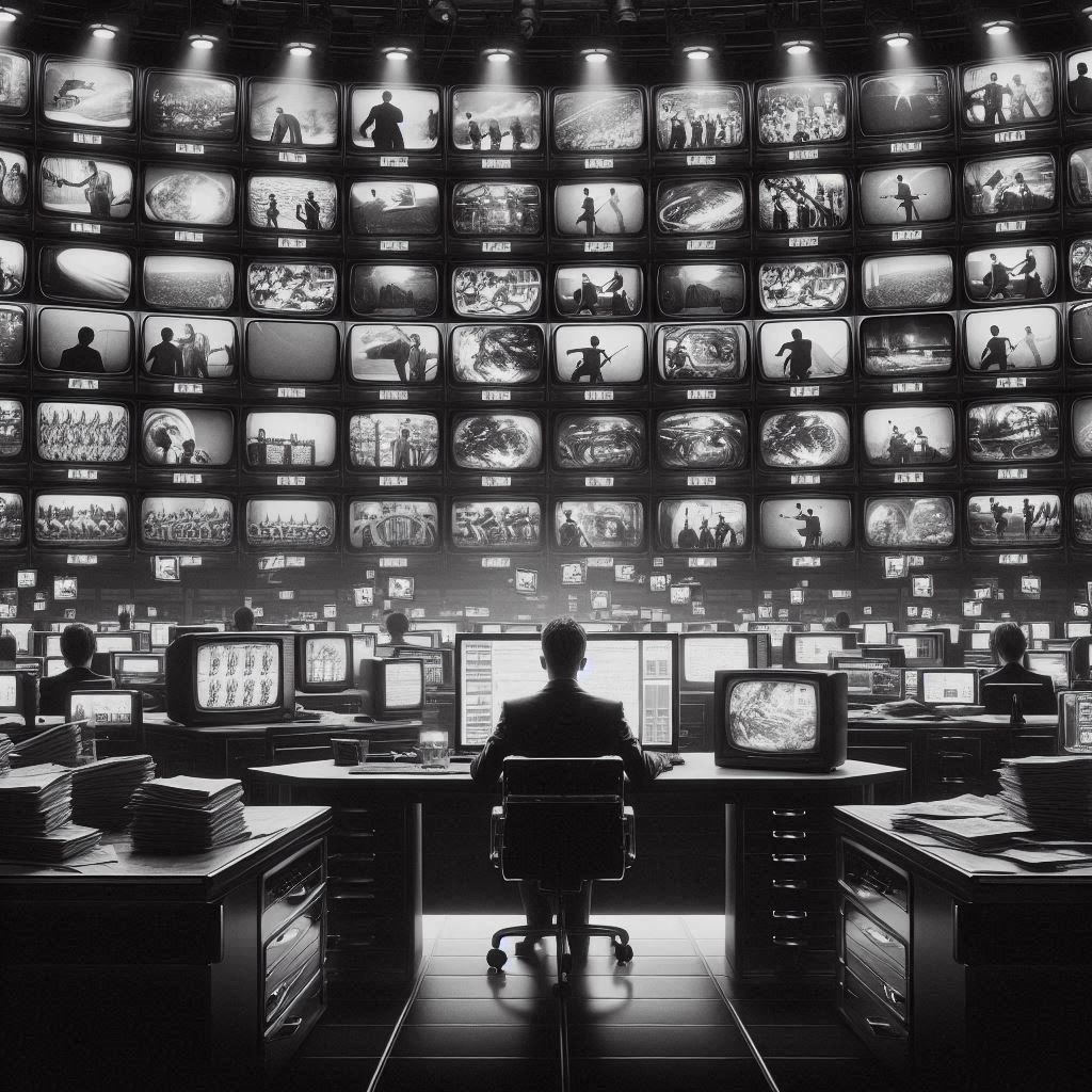 imagem horizontal, como uma foto em branco e preto, de uma redação jornalística do futuro, com muitas telas que mostram acontecimentos externos, e apenas um jornalista, que monitora todos os acontecimentos.
