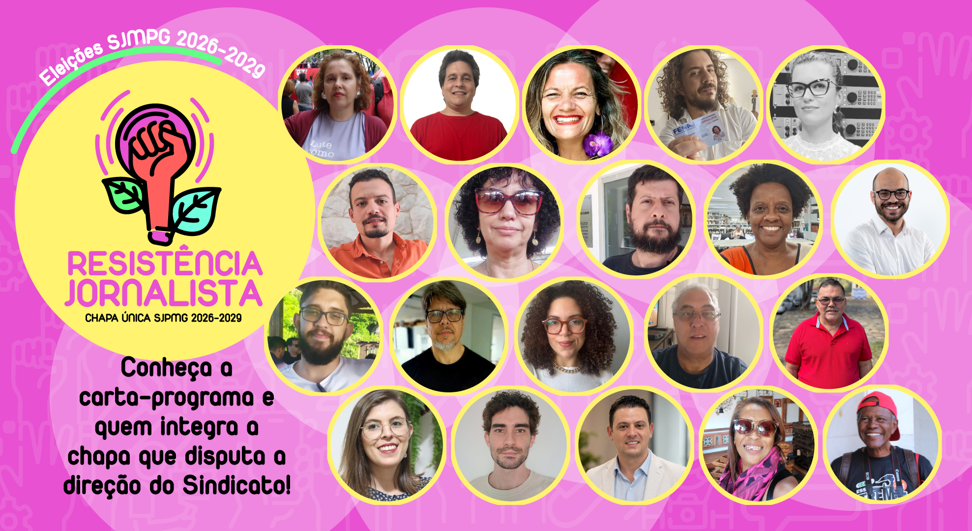 Imagem com rostos de integrantes e logo da chapa